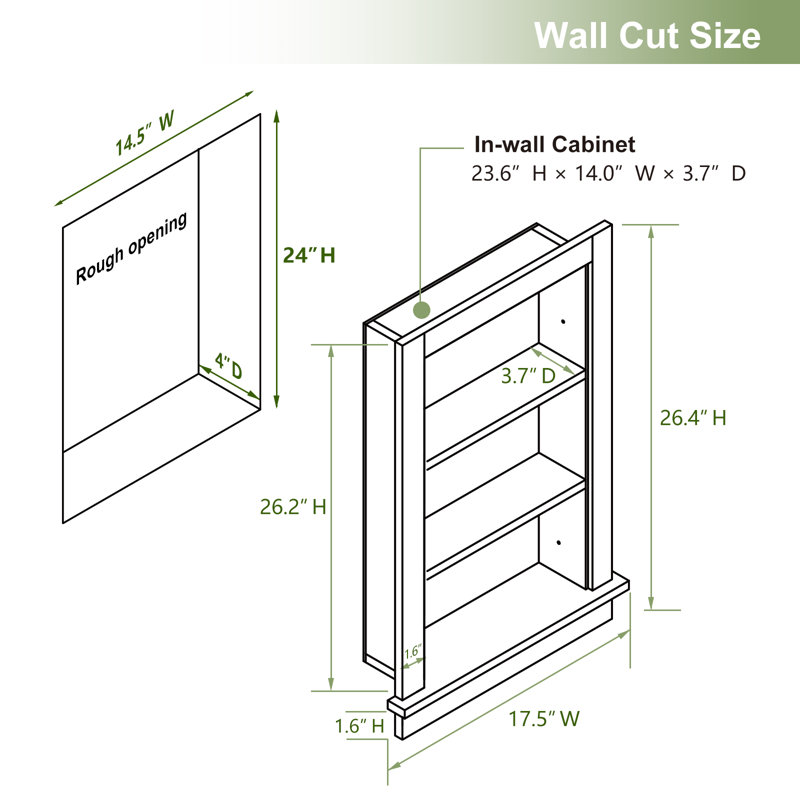 17.5"w X 4"d X 26.4"h Wall Niche Double Shelf Wood Recessed Shower Niche Cabinet Rectangle, Black