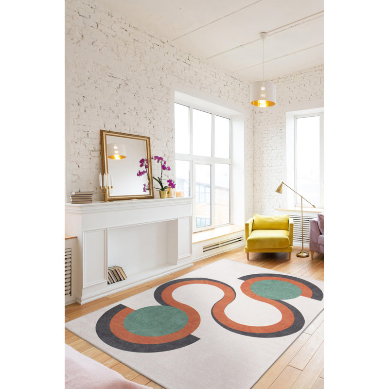Tapis décoratif à motif géométrique orange, beige, vert, anthracite, Rectangle 3 pi 10 po x 5 pi 3 po