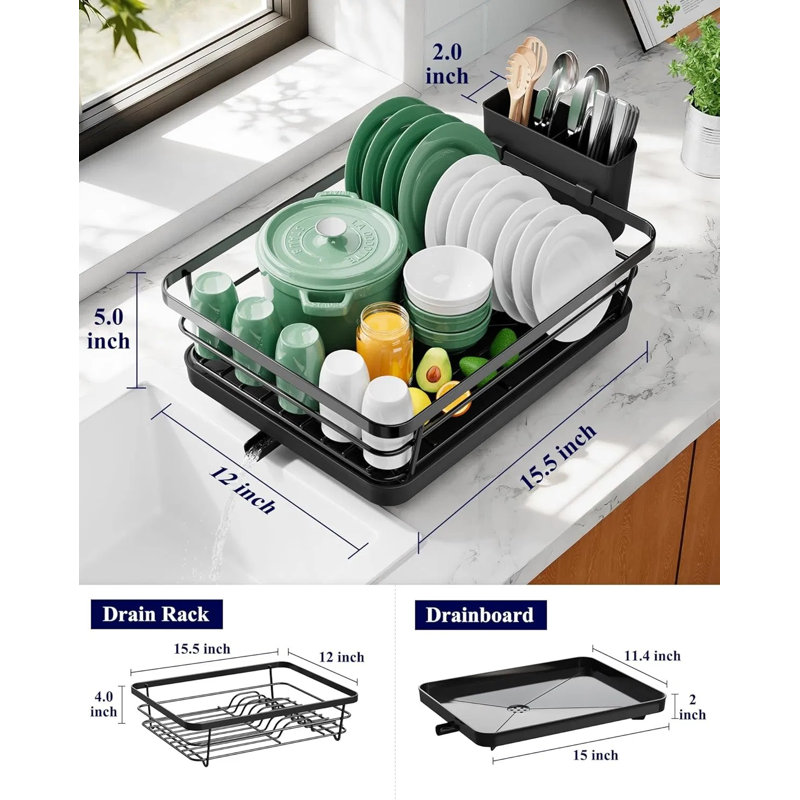 Égouttoir à vaisselle en acier inoxydable pour évier de cuisine - Égouttoir de comptoir peu encombrant avec porte-couverts et égouttoir, l 12 po x L 15,5 po