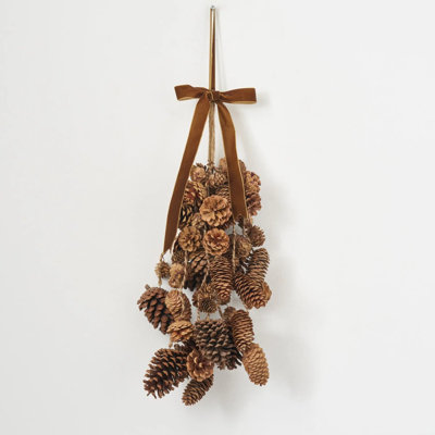 Mixed Hanging Pinecones Christmas Decor Swag with Gold Brown Velvet Ribbon