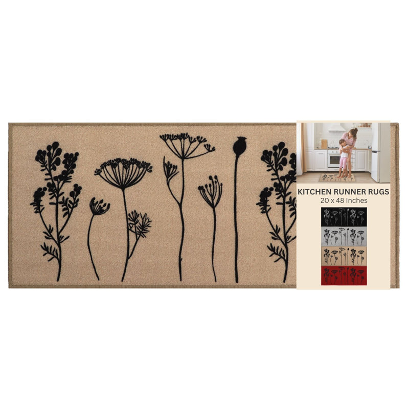 Wildflowers Long Runner Kitchen Mat, Tan/Black