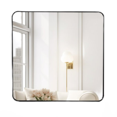 Miroir de salle de bain moderne carré avec film incassable - Cadre en métal noir résistant à la rouille, verre HD pour espaces contemporains
