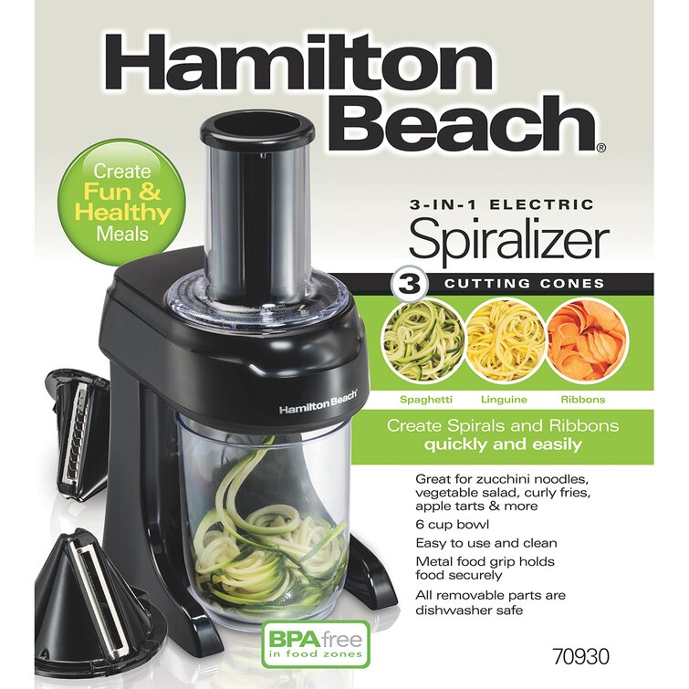  Hamilton Beach 3-in-1 Electric Vegetable Spiralizer & Slicer  With 3 Cutting Cones for Veggie Spaghetti, Linguine, and Ribbons, 6-Cups,  Black,70930: Home & Kitchen