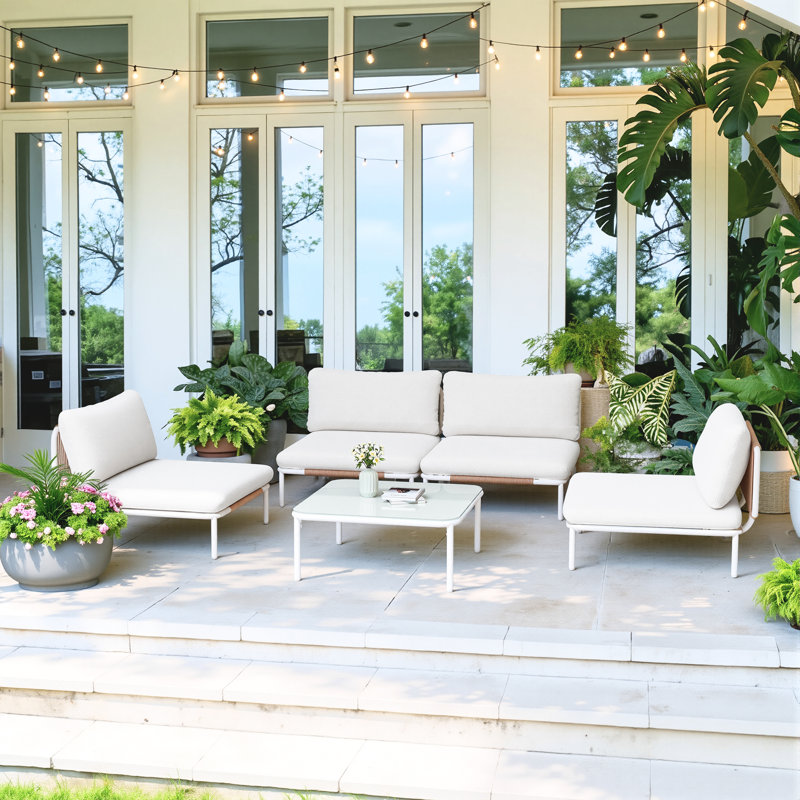 4 Person Patio Metal Outdoor Modular Sectional Sofa, Beige Cushion/White Frame