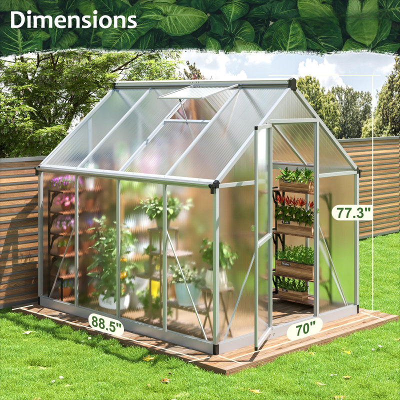 6 ft. W x 7 ft. D Greenhouse for Outdoors,with Quick Setup Structure and Roof Vent, Silver