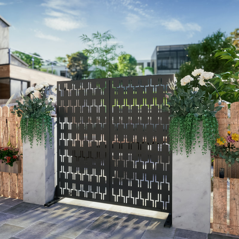 6 ft. H x 4 ft. W Metal Privacy Screen Fence Panel Brick Pattern, Black