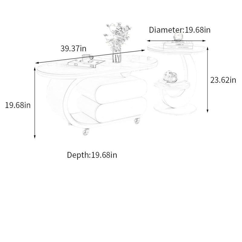 Table basse Rock Slab avec rangement, Blanc / Gris, Noir / blanc, H 19,68 po x L 39,37 po x l 19,68 po
