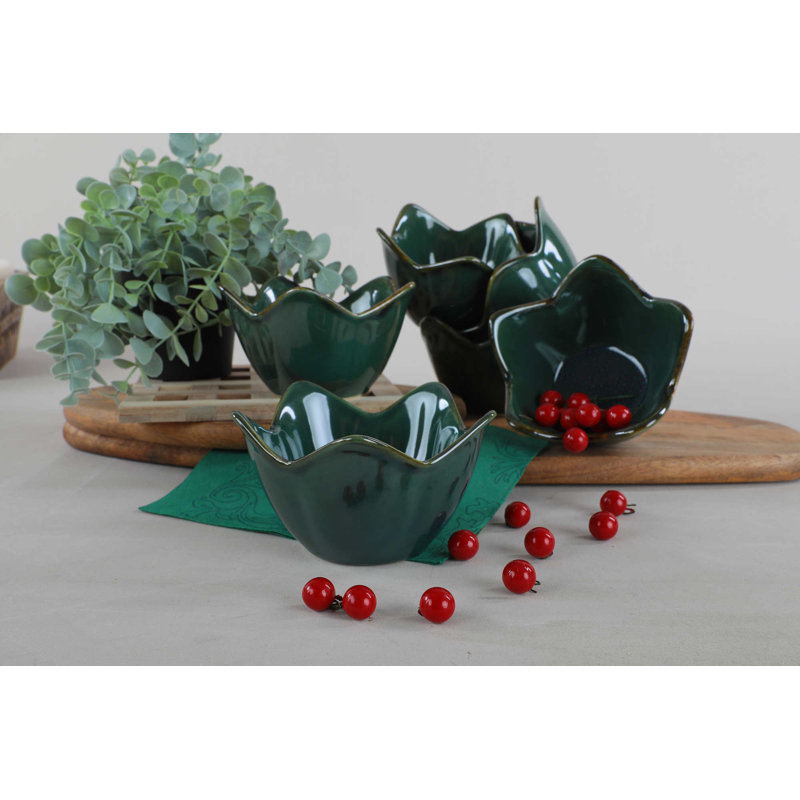 Elegant Appetizer Bowl Set (6 Pieces), Dark Green, 5.9 in | 100% Ceramic, Antibacterial & Thermal Shock Resistant | Dishwasher & Microwave Safe, Easy to Clean, Perfect for Entertaining & Serving Snacks