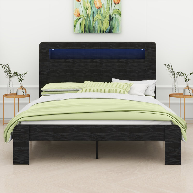 Tête de lit à DEL, prises USB simples et compartiment spacieux sous le lit, Grand lit