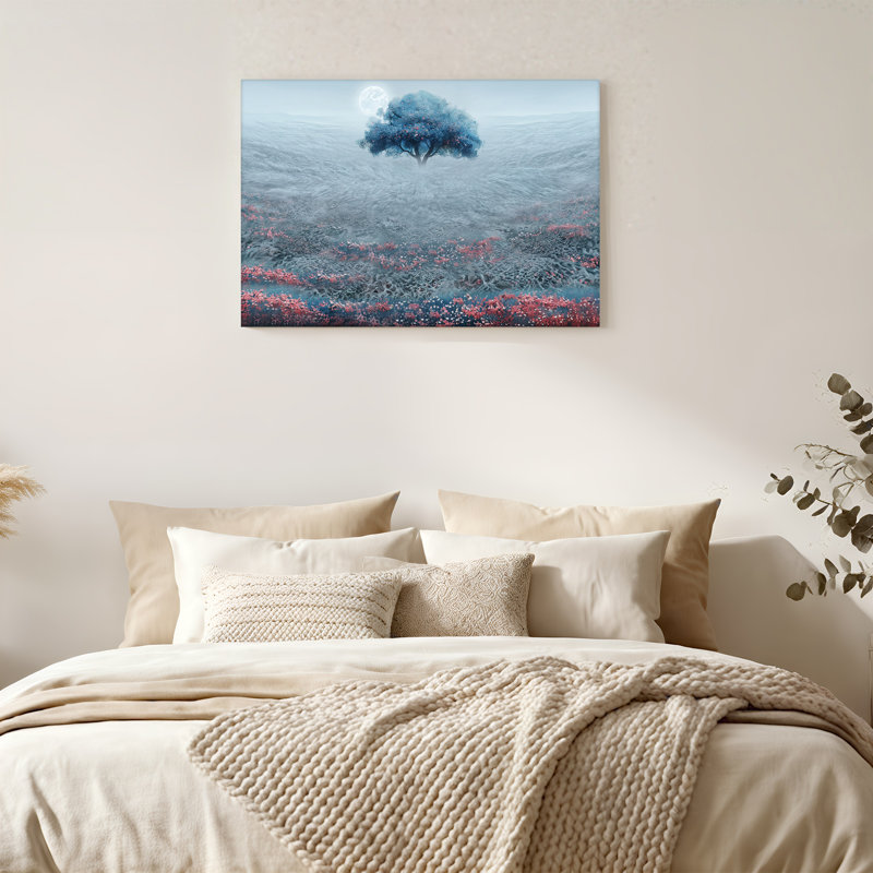 Arbre bleu et fleurs roses sur fond clair de lune, art mural sur toile, H 12 po x l 18 po