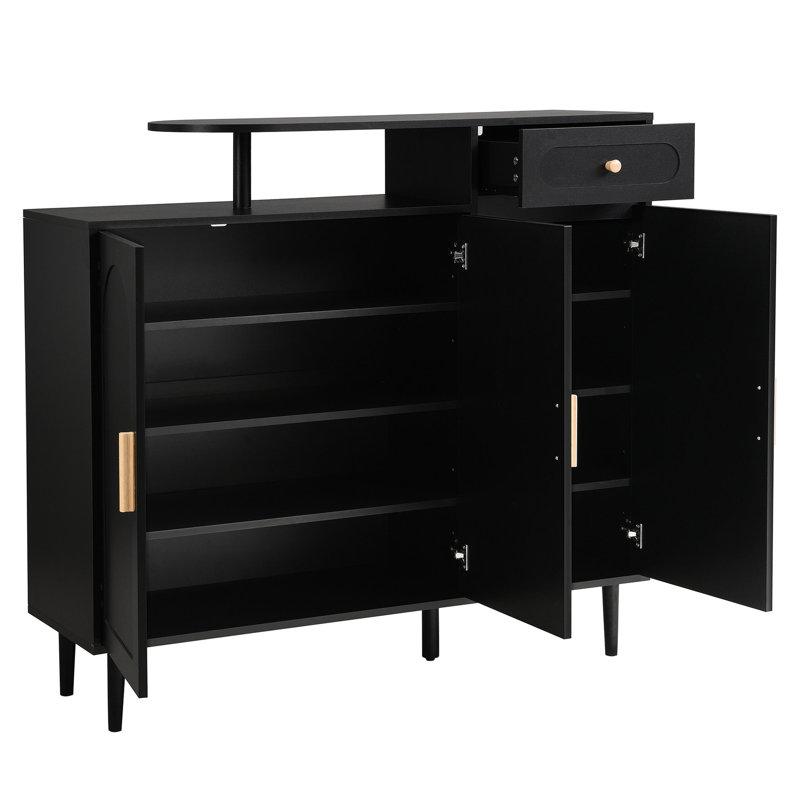Élégant buffet à porte arquée pour rangement de chaussures organisé, organisateur noir avec portes et bureau. Noir, tablettes réglables, espace de travail spacieux, fabrication de panneaux de particules