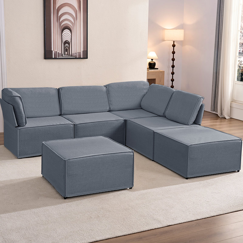 Canapé modulaire de 116 po, siège profond en tissu de lin avec repose-pieds et chaise mobiles gris foncé, Gris foncé