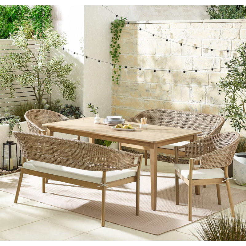 Ronja Filion Solid Wooded Rectangular Garden Dining Set: Table With 2 Benches & 2 Chairs - Modern Set