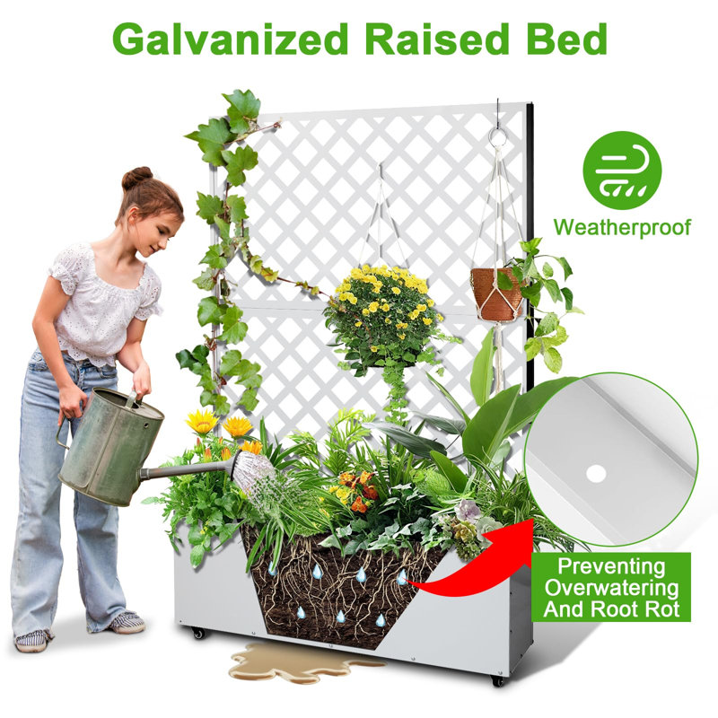 Metal Raised Planter Box with Trellis Privacy Screen, Patio Garden Bed with Wheels, Ideal for Climbing Plants, Vegetables, Flowers, Galvanized Steel, White, Diagonal Checkered Design