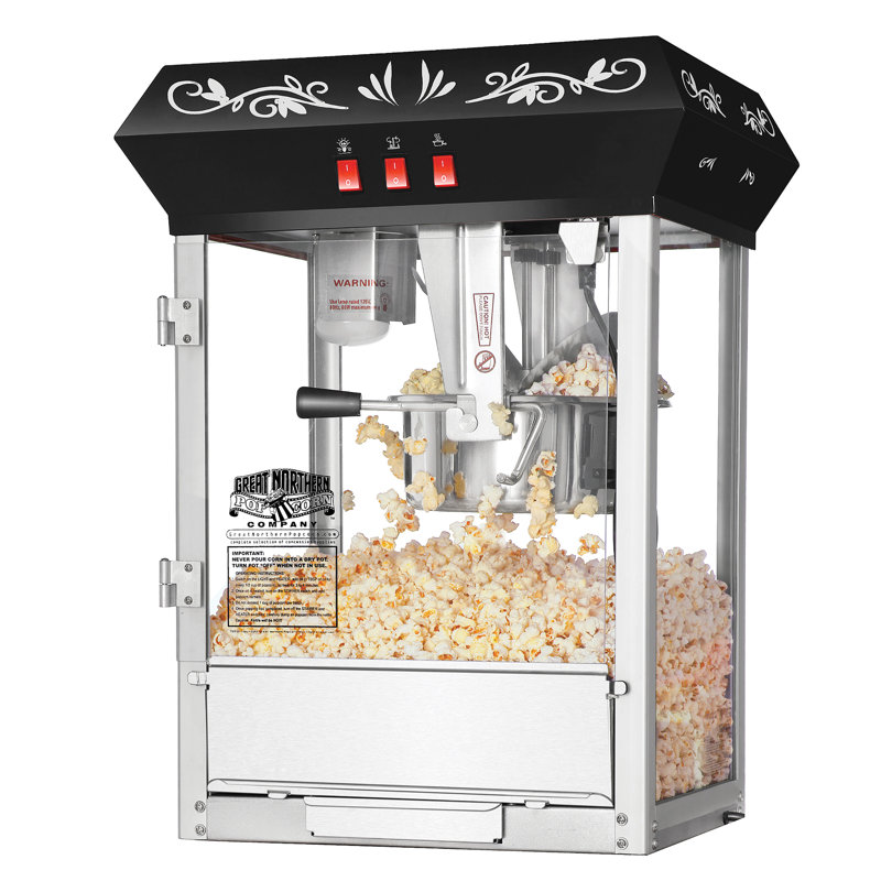 Vintage Black Popcorn Machine with Cart and Stainless Steel Kettle