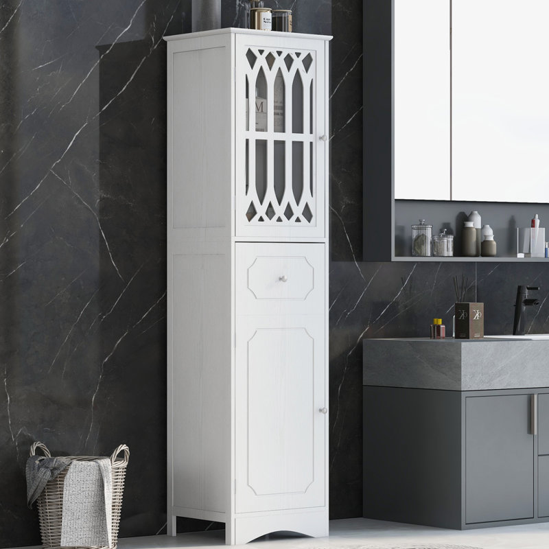 Grande armoire de salle de bain, armoire de rangement autoportante avec tiroir et portes, panneau de fibres à densité moyenne, porte en acrylique, tablette réglable