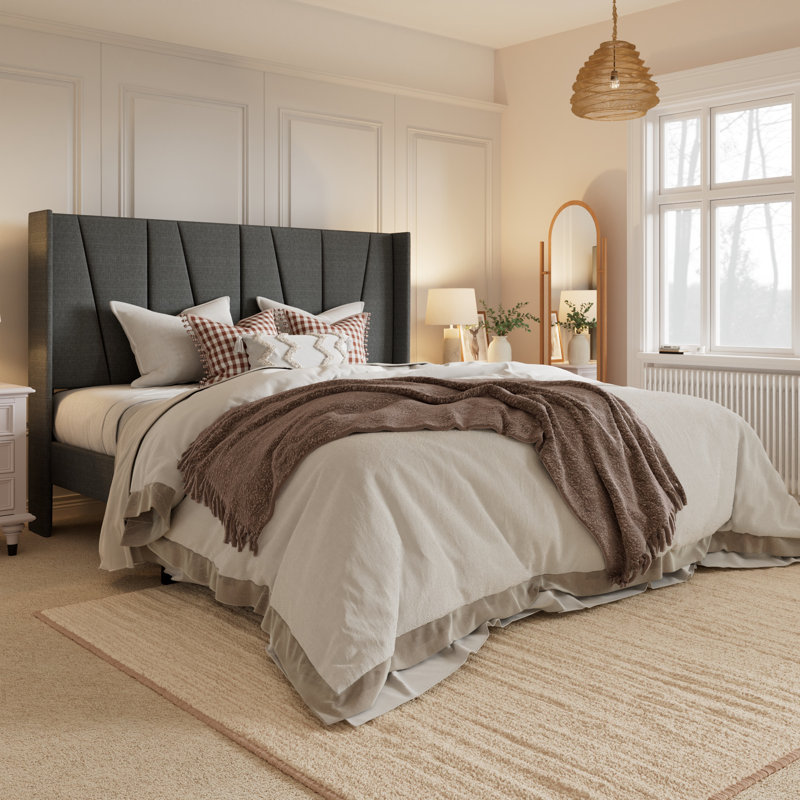 Canuto Upholstered Platform Bed with Wingback Headboard, King, Dark Gray