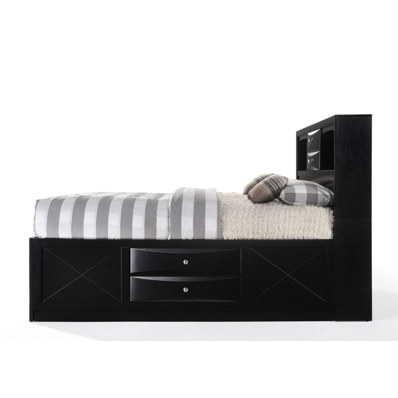 Grand lit avec finition noire et rangement à 8 tiroirs, tête de lit à bibliothèque rectangulaire, 5 lattes de plateforme, matelas recommandé de 10 po