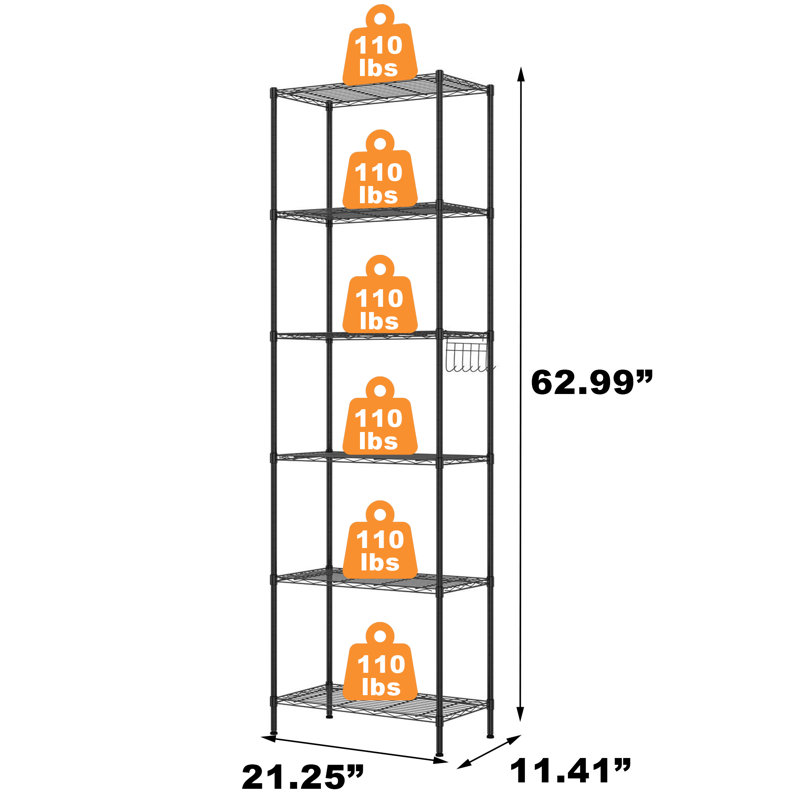 Orizaba 6 Tier Adjustable Wire Shelving Unit Organizer Steel Storage Rack w/ Hooks, Leveling Feet, Black