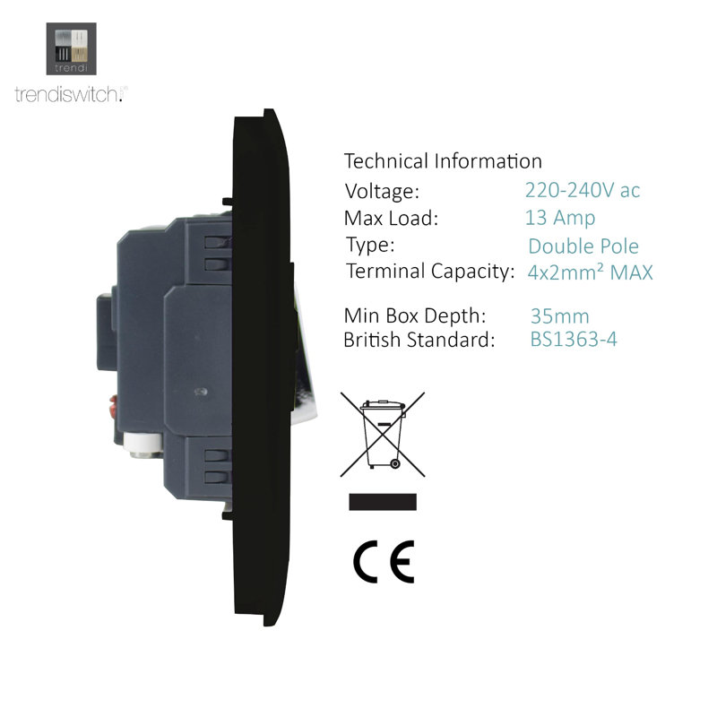 Trendi Switch 13 Amp Fused Sur with Flex Outlet, Gloss Black