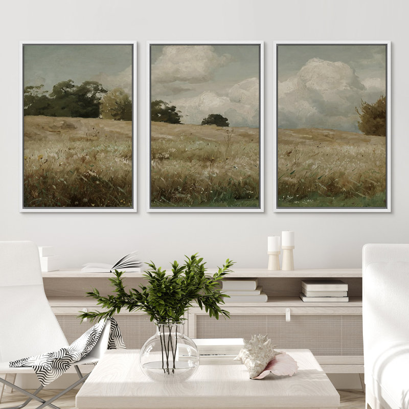 Rustic Clouds Meadow Landscape Vintage Wood Nursery Decor Framed Canvas 3 Pieces Print Wall Art, 36" H x 24" W, White