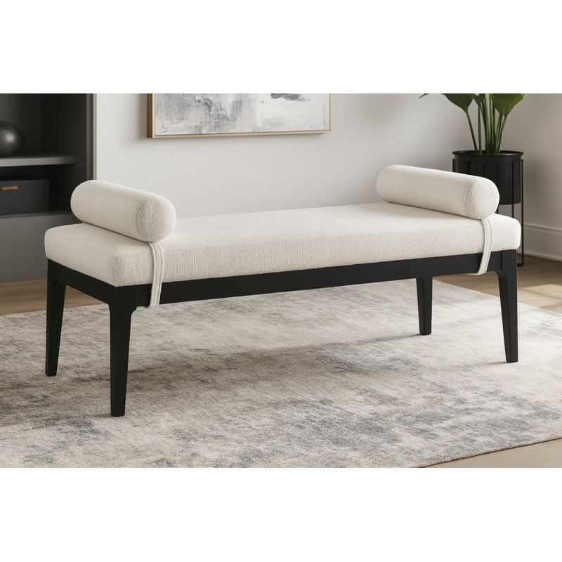 Priscilla Linen Textured Fabric Bench, Cream Linen Textured Fabric, Black