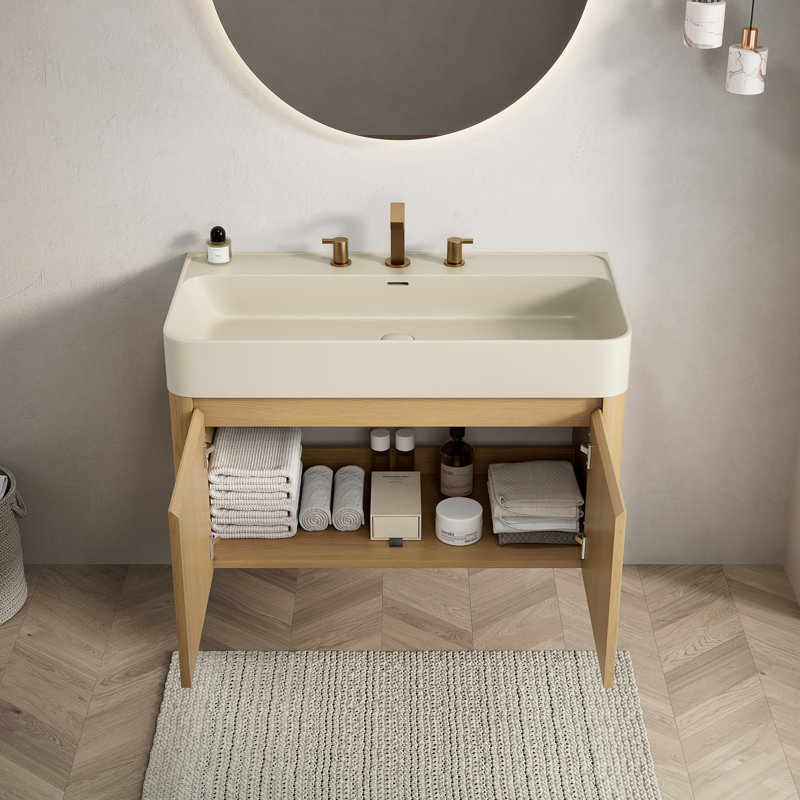 Ensemble de meuble-lavabo et lavabo 48 po, armoire de rangement flottante, surface intégrée blanc brillant avec 3 trous de robinet pré-percés, robinet et drain non assemblés