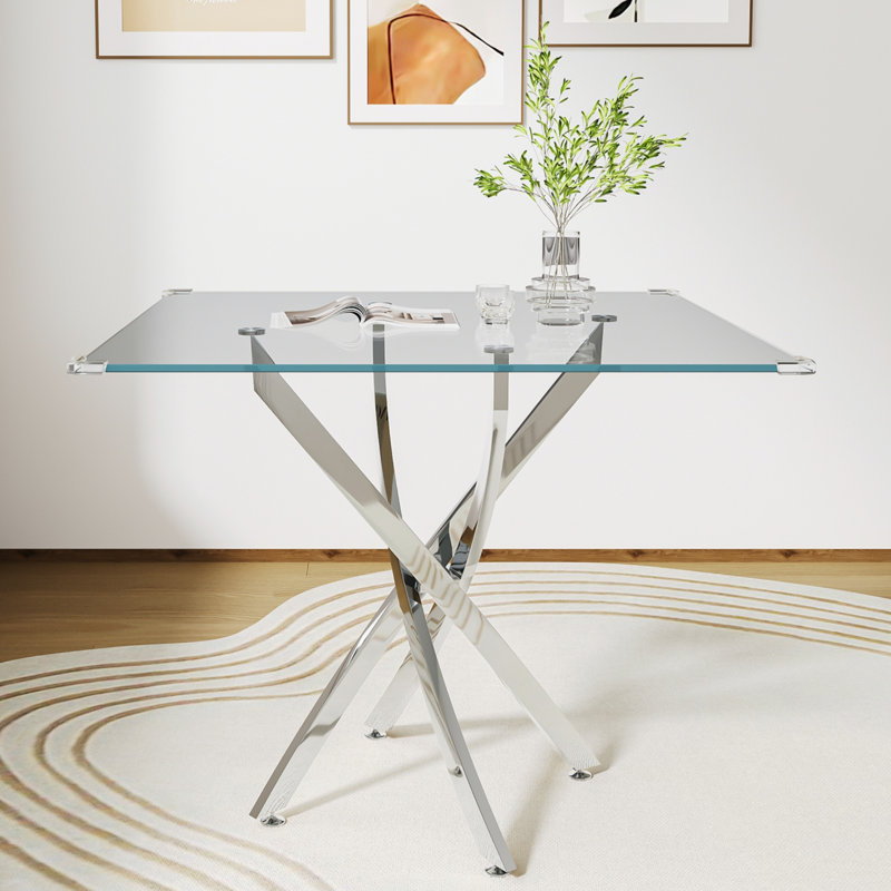Glass Top Metal Base Dining Table, Silver