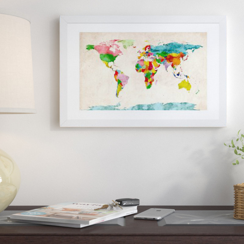 « world map aquarelles iii », impression, H 16 po x l 24 po x P 1 po, Papier encadré noir