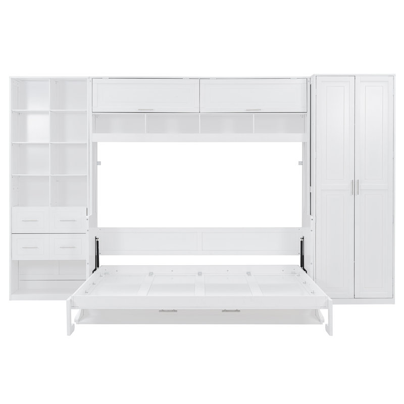 Grand lit escamotable mural avec placard, tiroirs et tablettes, Blanc