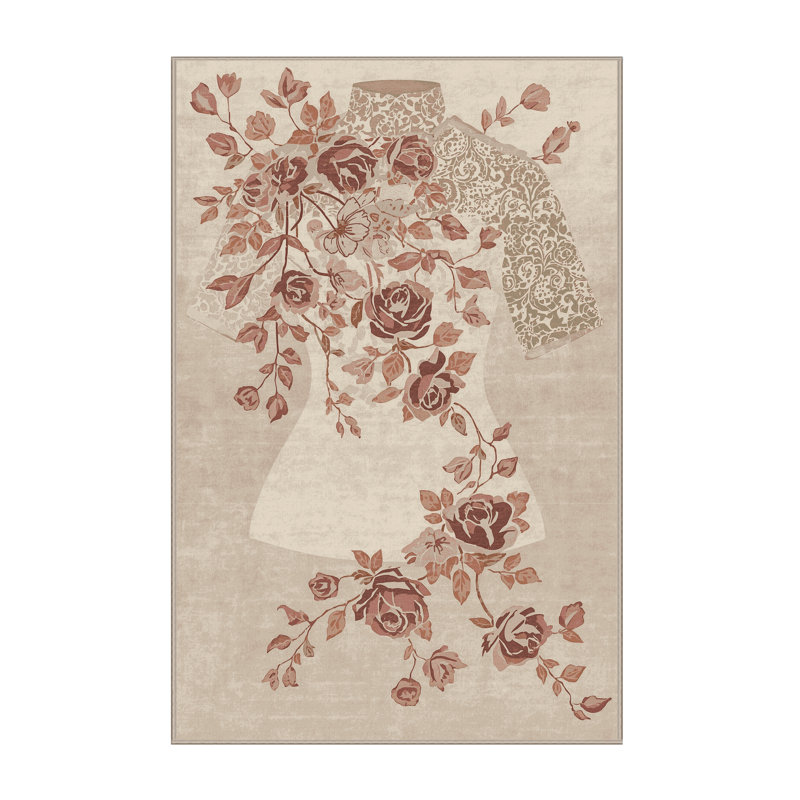 Tapis floral vintage lavable à la machine à la mode beige, 7 x 10
