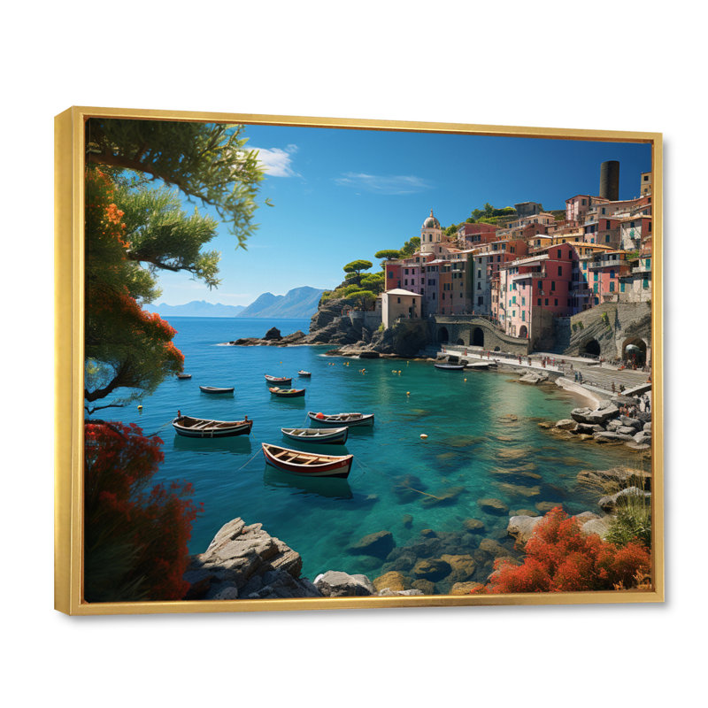 Décoration murale sarcelle Italie Cinque Terre II - paysages urbains, 12" H x 20" W, Cadre flottant doré