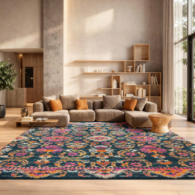 Felty Floral Machine Made Power Loom Polypropylene Blue Area Rug