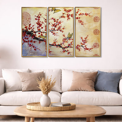 Butterfly Blossoms-Asian - Cottage_General, ensemble d'art mural sur toile encadrée, 3 pièces