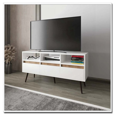 Meuble télé blanc et chêne naturel avec 3 tiroirs et 3 tablettes