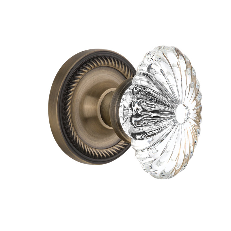 Rope Rosette with Oval Fluted Crystal Door Knob, Antique Brass, 2-3/4"