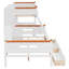 Lit simple superposé au dessus d'un lit double avec bureau, tiroirs, tablettes et armoire, lumière DEL, blanc et orange