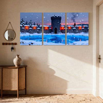 Mid-Century Winter Castle Snowfall Reflection Ice Lake Set of 3 Canvas Wall Art Prints