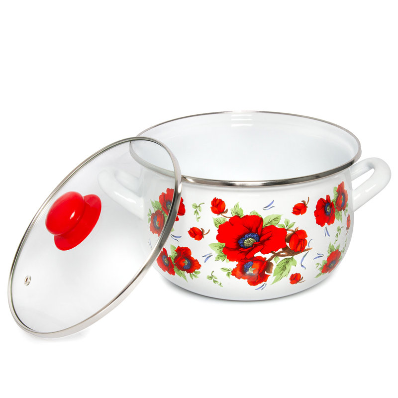 Casserole en émail de style campagnard traditionnel avec couvercle en verre, 2,2 pte