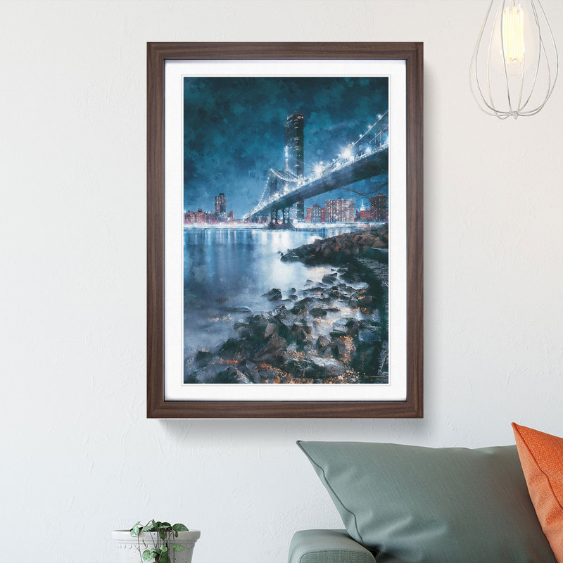 The Brooklyn Bridge in New York - Framed Print, 33cm H x 24cm W x 2cm D, Walnut Framed
