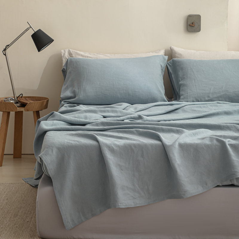 100% Linen Sheets Set, Twin Sheet Set with 1 Pillowcase, Dusty Blue