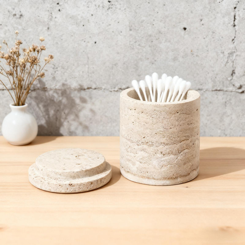 Pot en travertin avec couvercle, pot rond en pierre pour le rangement et l'organisation du meuble-lavabo