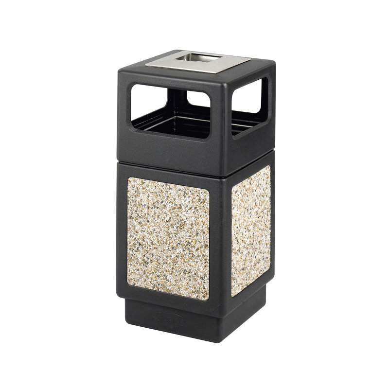 Black Textured Plastic Square Trash Can with Ashtray, 15 Gallon