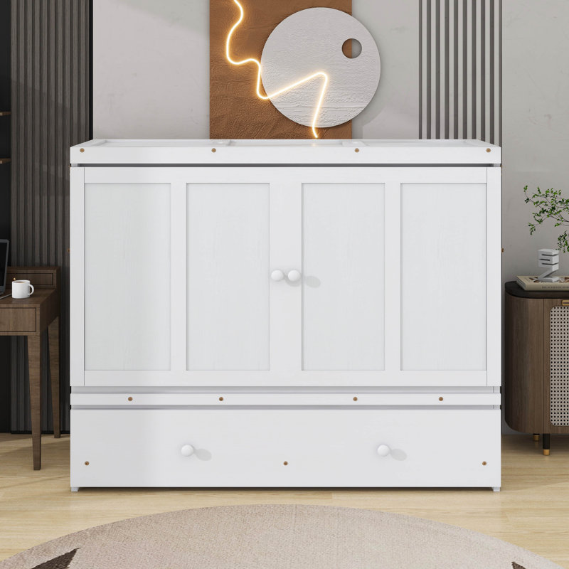 Grand lit escamotable avec port USB et tiroir, Blanc