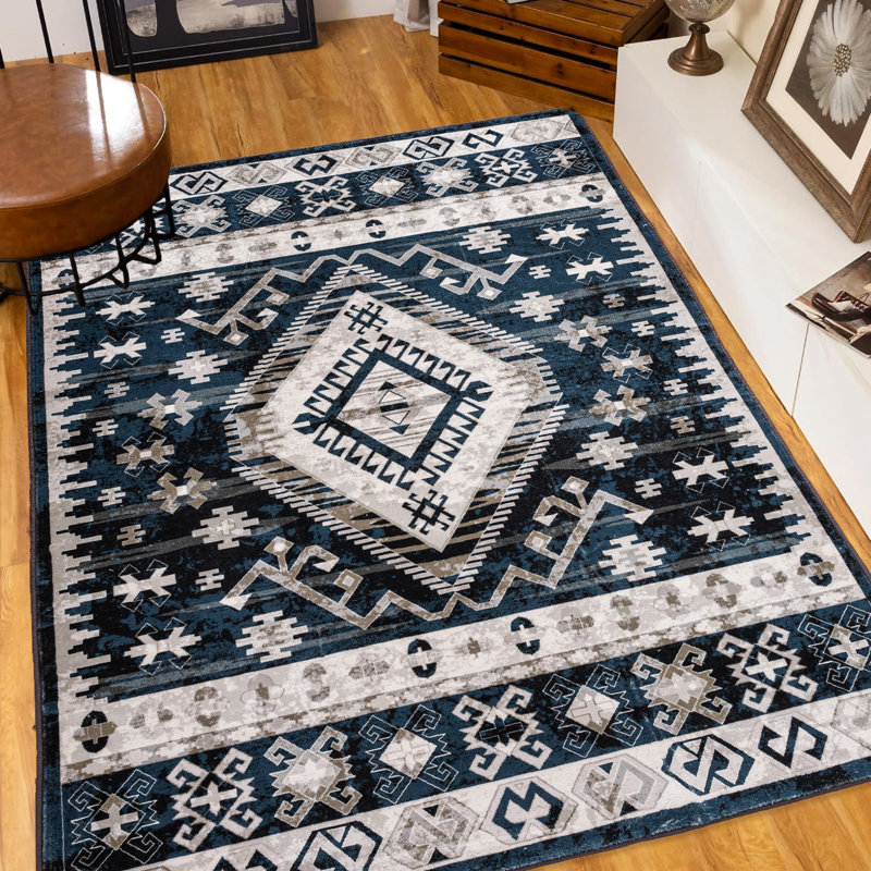 Vintage Area Rug - Machine Washable Non-slip For Bedroom, Kitchen Geometric Black/blue Design Blue/black