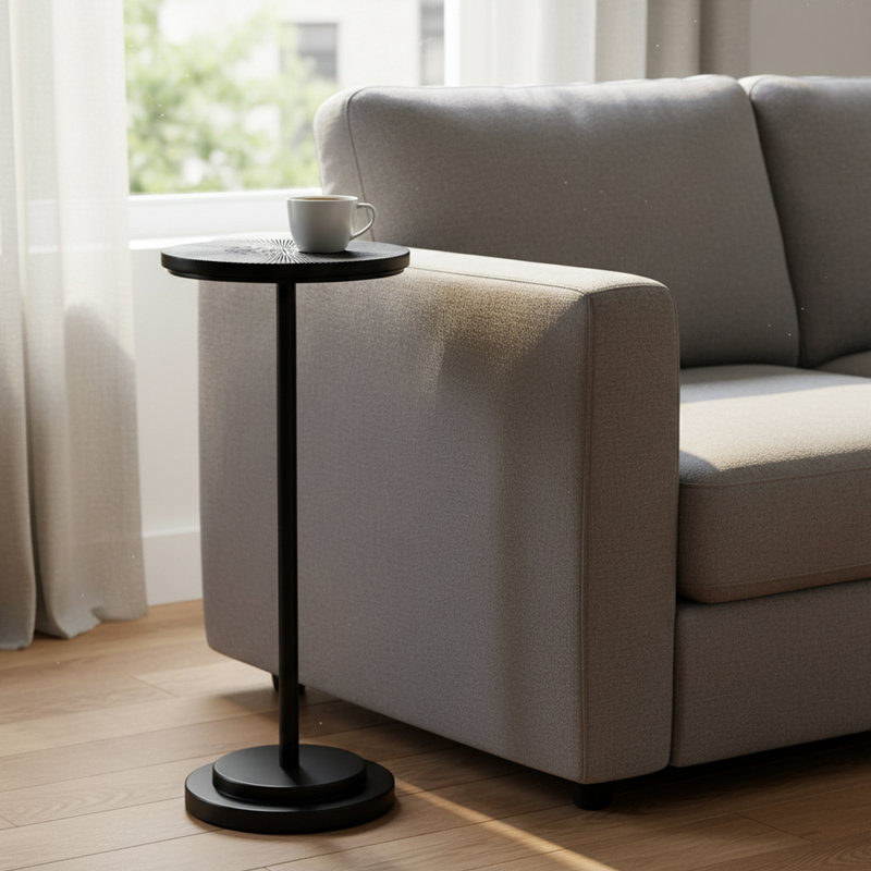 Modern Small End Table with Carved Table Top and Weighted Base Pedestal Table for Living Room, Black, Black