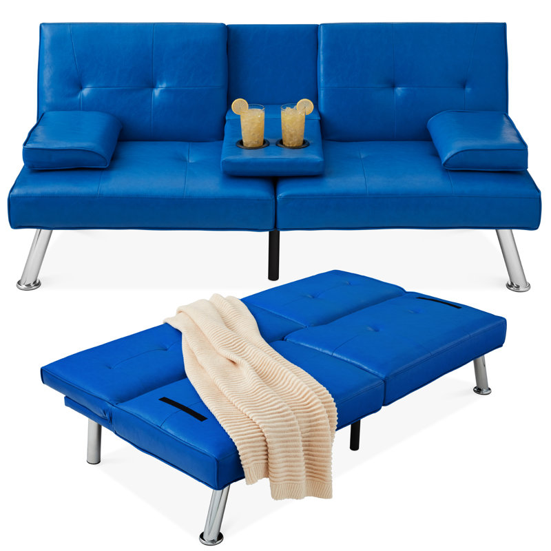 Owlex Modern Convertible Futon Sofa w/ Removable Armrests, 2 Cupholders, Blue Faux Leather