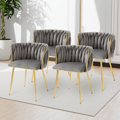 Ensemble de 4 chaises de salle à manger en velours tissé gris avec pieds en métal doré