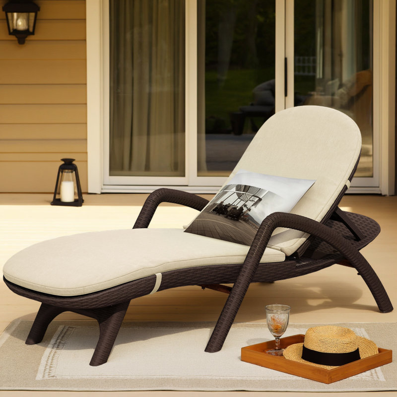 Wicker-Style Outdoor Chaise Lounge with Cushion, Weather-Resistant Lounger, Beige, Brown