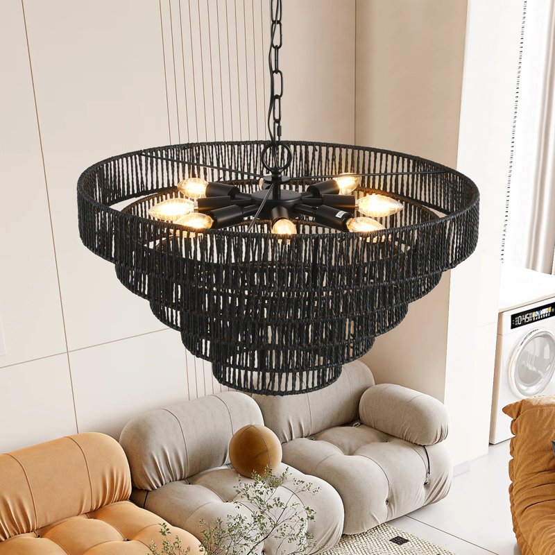 8-Light Black Hemp Rope Chandelier, Tiered Chandelier
